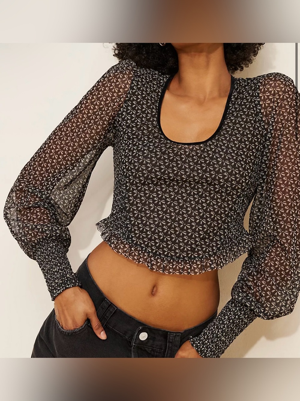 Free People Black Bow Printed Mesh Long Sleeve Blouse - Size L